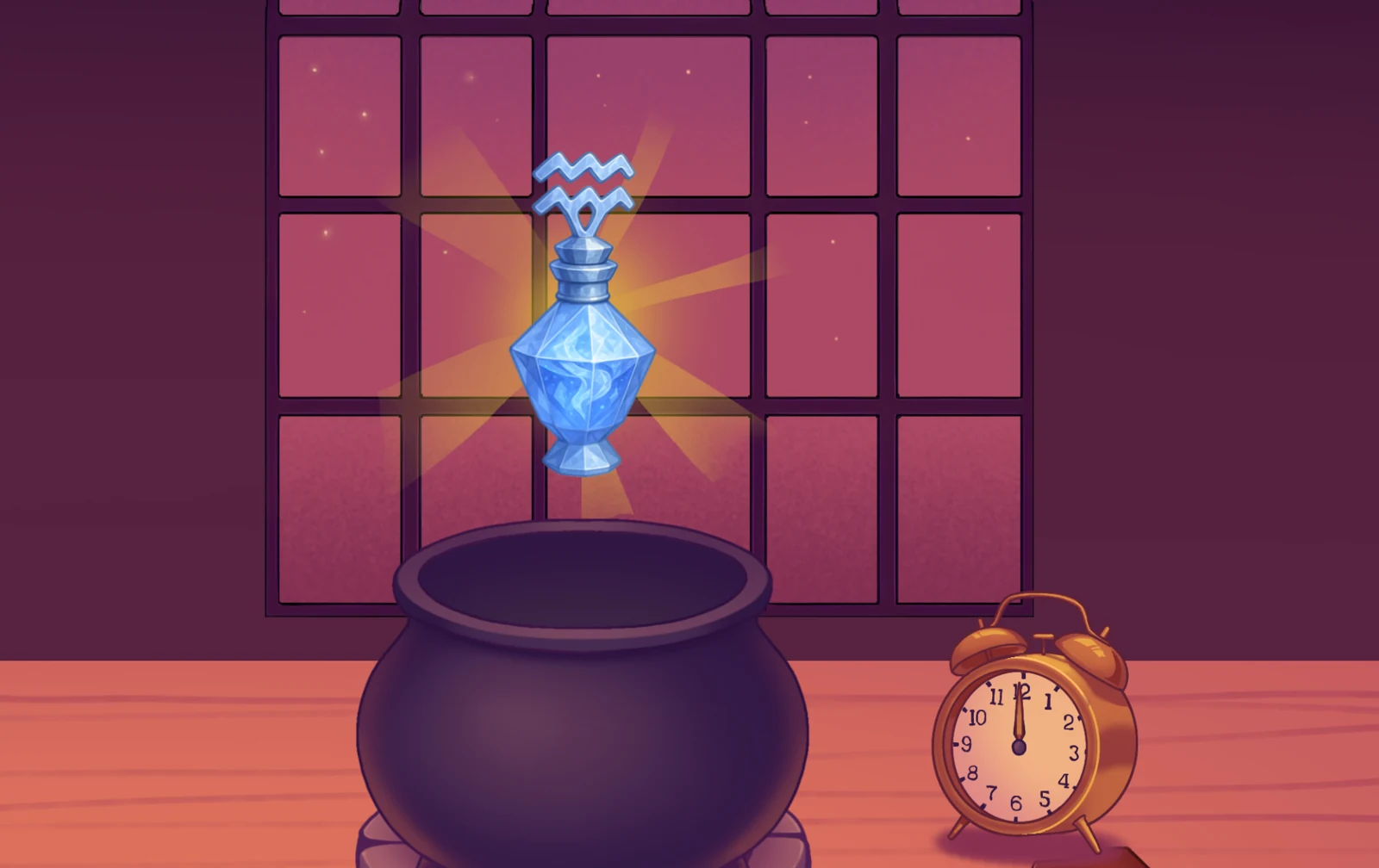 A glowing potion floats above a purple cauldron, with books and a clock beneath the brewery's starry window