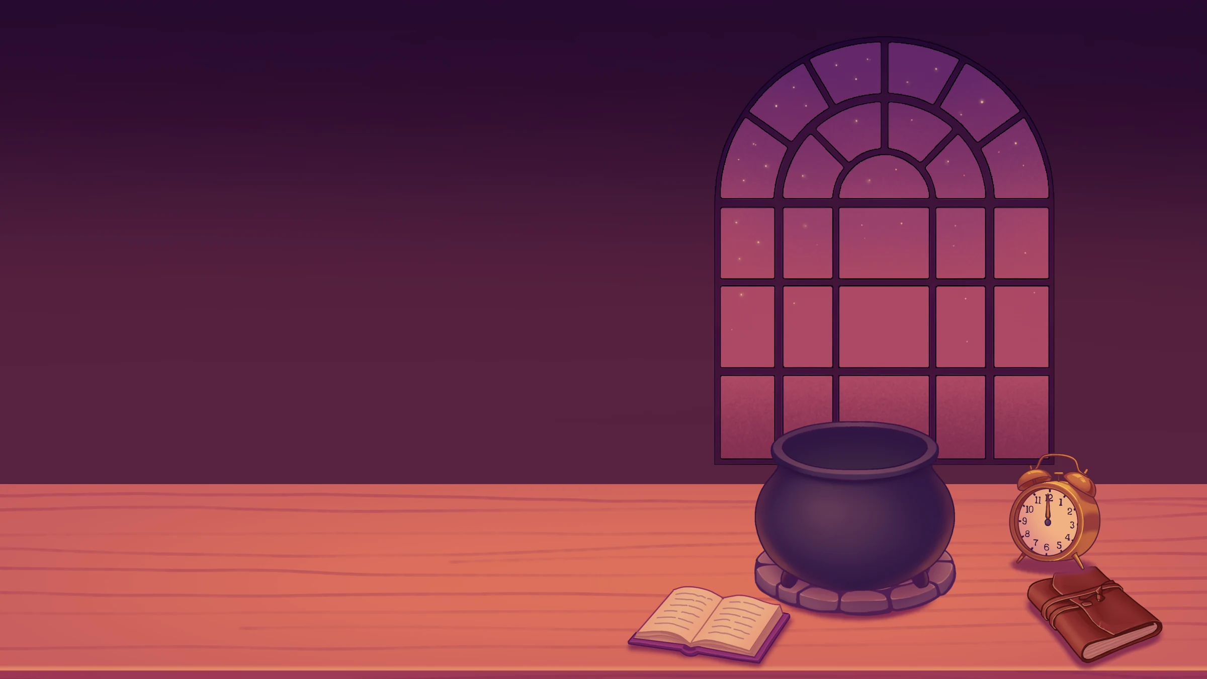 A glowing potion floats above a purple cauldron, with books and a clock beneath the brewery's starry window
