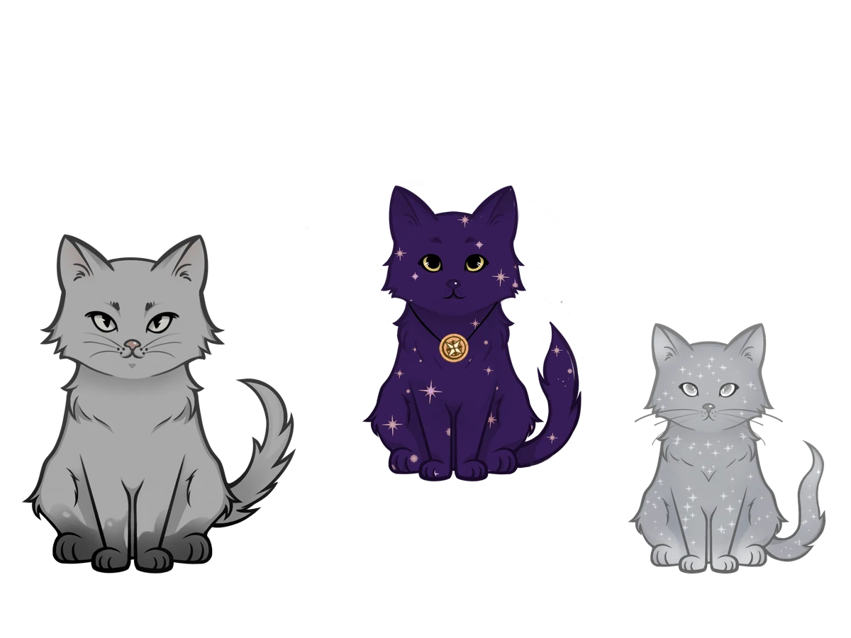 Ashpaw, Eclipsa, and Glimmerpaw, three of the game's bounty-hunter cats