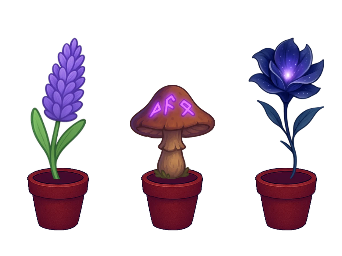 Lavender, a rune mushroom, and an astral flower in planting pots