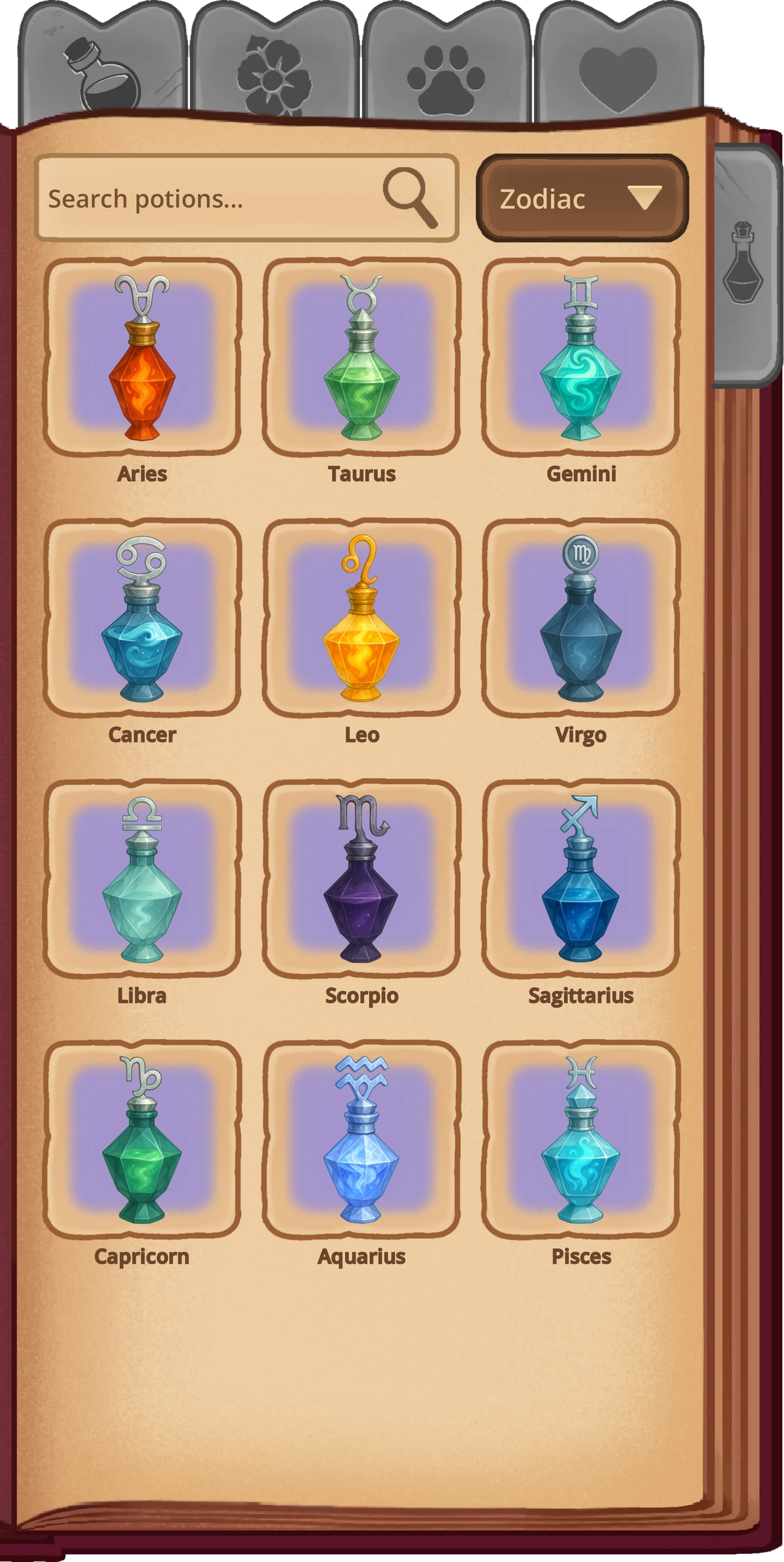 The illustrated grimoire open to a collection of twelve Zodiac potions, with category tabs and a search bar