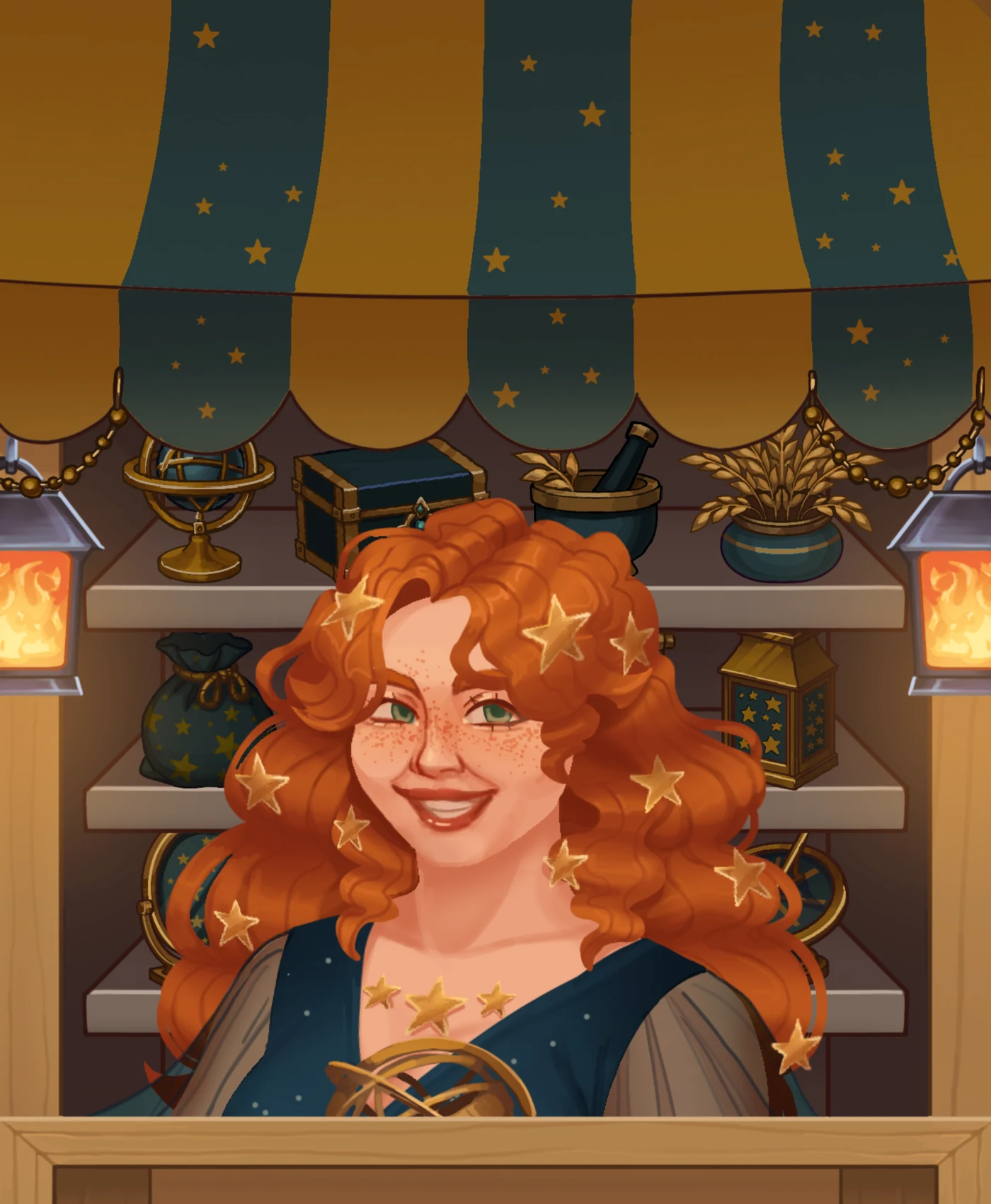 Astra behind her market counter, beneath a star-patterned canopy and shelves of magical objects