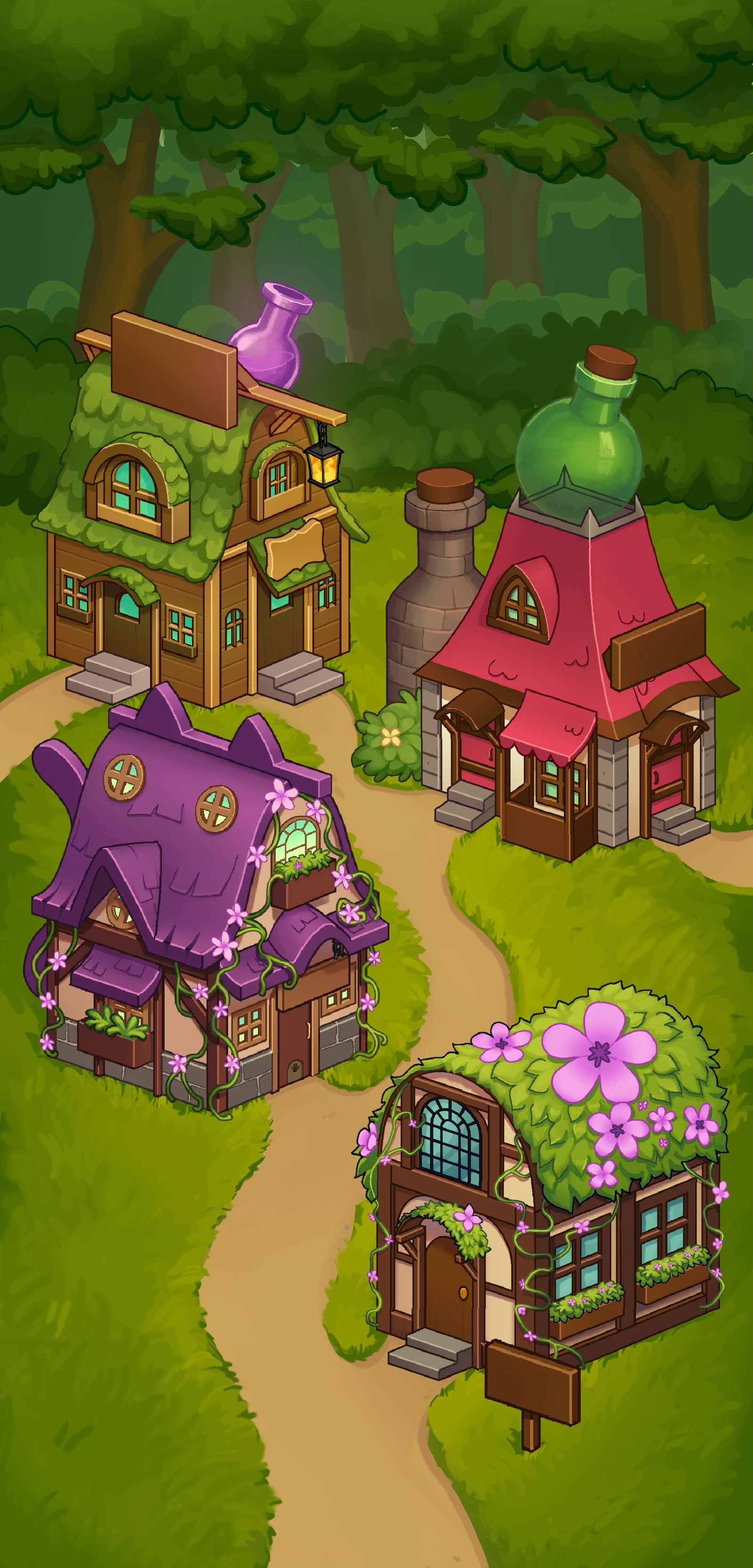 The shop, brewery, cat bar, and garden arranged along the village path